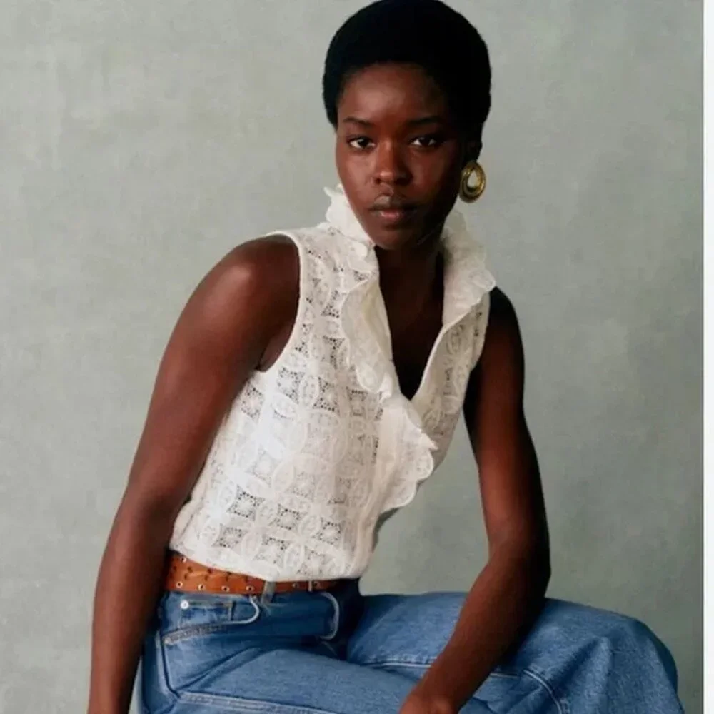Sezane Celinda Shirt Plain Ecru Guipure - Picture 2 of 11